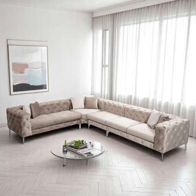Canapé d'angle beige en velours capitonné - côté gauche DOVER PIER IMPORT