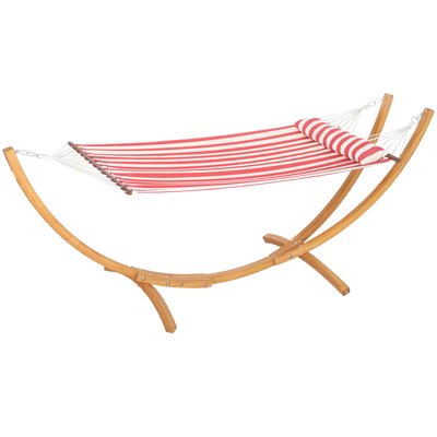 Hamac sur pied en bois - 1 place - toile coton rouge blanc rayée OUTSUNNY