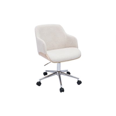 Chaise de bureau à roulettes en tissu chenille beige, bois clair et métal chromé EARL MILIBOO
