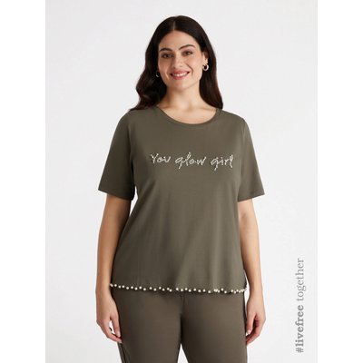 T-shirt avec broderie devant et dans le bas en perles, col rond et manches courtes FIORELLA RUBINO