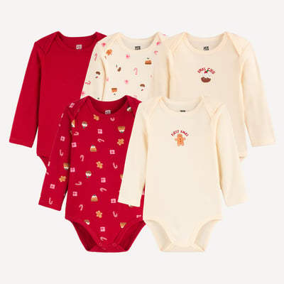 Lote de 5 bodis para recién nacido, manga larga, con sisas americanas, con motivos navideños LA REDOUTE COLLECTIONS