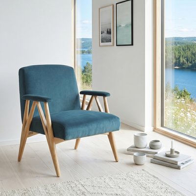 Fauteuil style scandinave en hévéa et velours WILLY ROBIN DES BOIS