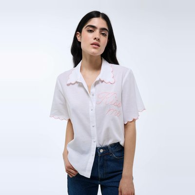 Chemise manches courtes unie brodée en coton et lin MONOPRIX