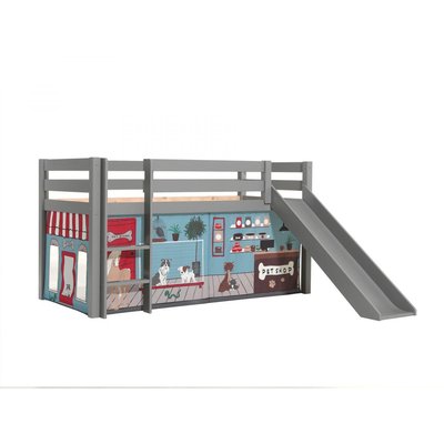 PINO Lit mezzanine avec toboggan pin massif Gris + Rideau pour lit en 4 parties animalerie VIPACK