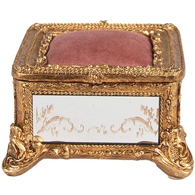 Boîte à bijoux polyrésine dorée et miroirs avec coussin velours rose 12x12x7cm WADIGA