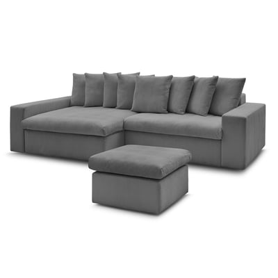 Canapé d'angle fixe 3 places en velours côtelé avec pouf, ENORE BOBOCHIC
