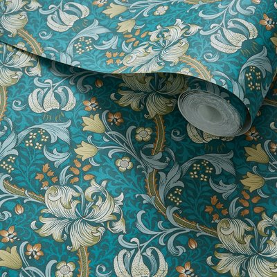 Golden Lily Teal Wallpaper WILLIAM MORRIS BY CLARKE & CLARKE