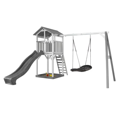 AXI Structure de jeu Beach Tower Blanc Gris  avec 1 balancoire nid ovale Roxy et toboggan Gris AXI HOUSE