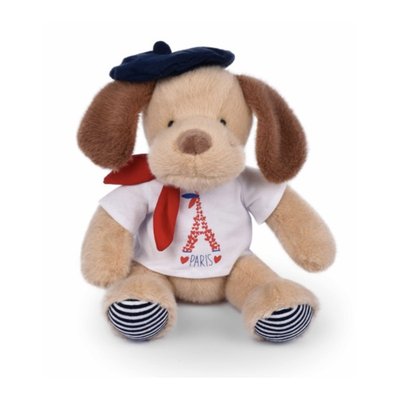 Peluche chien marron clair T Shirt Tour Eiffel - 26 cm DJECO
