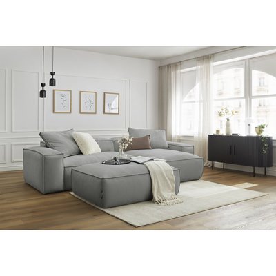 Canapé d'angle fixe 3 places en velours côtelé avec pouf, BOHEME BOBOCHIC