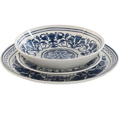 Service de 18 assiettes en porcelaine florale bleue: plates, creuses et à dessert WADIGA