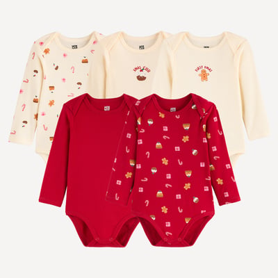 Set di 5 body per neonati, maniche lunghe, giromanica all’americana, tema natalizio LA REDOUTE COLLECTIONS