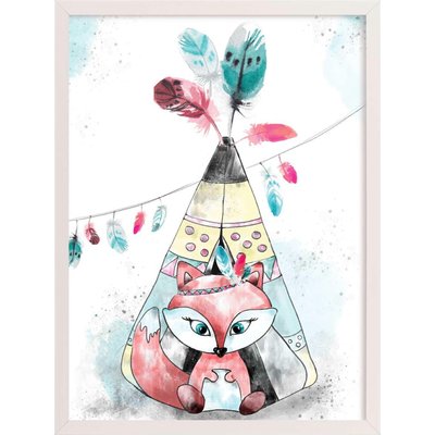 Tableau en bois, cadre , Tipi et renard RECOLLECTION