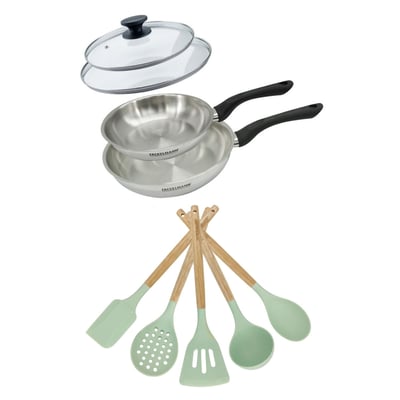 Lot Poêles inox 20/ avec couvercles et 5 ustensiles GENEVA FACKELMANN