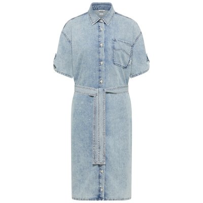 Robe mi-longue FEMME Mustang coton avec manches courtes et col à revers bleu jean clair en jean MUSTANG