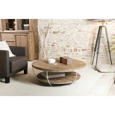 Table basse ronde 100cm teck recyclé et métal blanc style contemporain industriel SWING PIER IMPORT