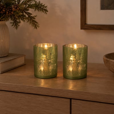 Set of 2 12cm Heritage Noel Reindeer Etched Tealight Holders SO'HOME