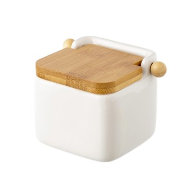 Pot à sel en céramique blanc et couvercle bambou - 12x12x11cm WADIGA