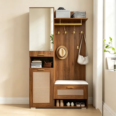 Vestiaire d'entrée avec miroir banc et rangement, PORTER-K MEUBLES COSY