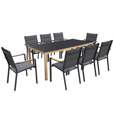 Table de jardin rectangulaire en aluminium effet bois 180 x 90 x 74 cm et 8 chaises avec accoudoirs, CIOTAT OVIALA