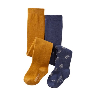 Lot de 2 paires de collants à fleurs/unis VERTBAUDET