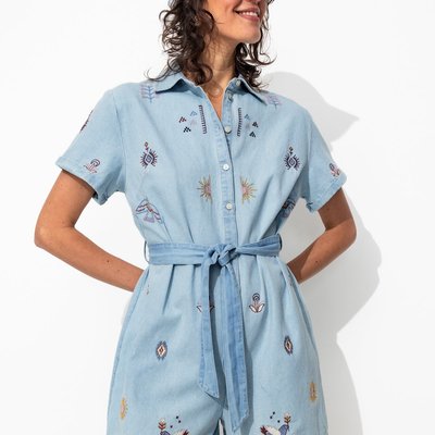 Combishort en jean brodé PROMOD