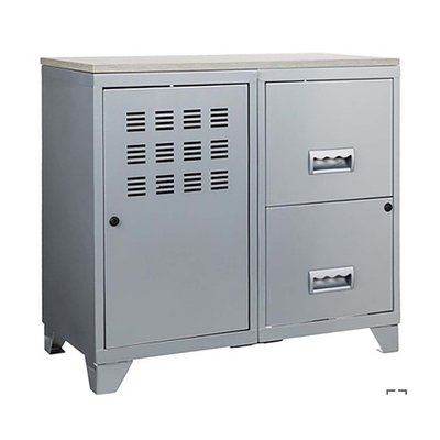 Armoire 1 porte et 2 grands tiroirs en acier avec plateau bois Alu PIERRE HENRY