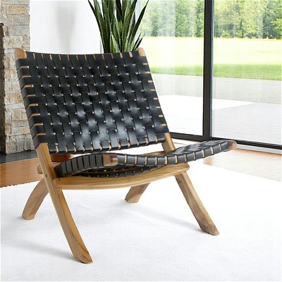 Fauteuil en cuir noir et bois de teck MENDOZA PIER IMPORT