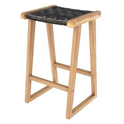 Tabouret pour îlot central 65 cm en teck et cuir (à l'unité) - YUMA RENDEZ-VOUS DÉCO