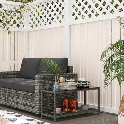 Table basse de jardin avec étagère plateau verre résine tressée gris OUTSUNNY