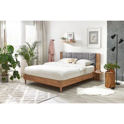 Lit en MDF Tissu avec pieds en bois naturel, LEONA BOBOCHIC