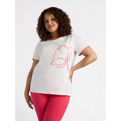 T-shirt avec fleur devant et bords de l’encolure et des manches brodés de FIL de couleur fuchsia contrastante FIORELLA RUBINO