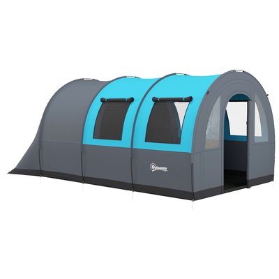 Tente de camping familiale 5-6 pers. étanchéité 3000 mm - 2 portes, sac - bleu gris OUTSUNNY