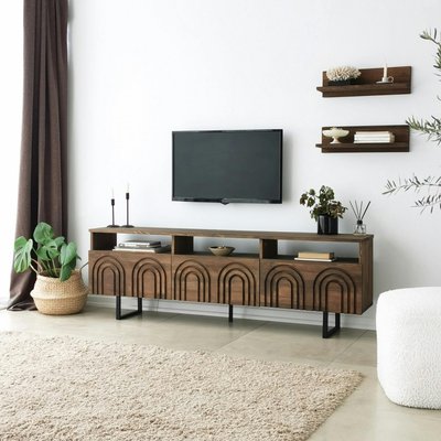 Meuble TV bois brun motif arches avec 2 étagères JACA PIER IMPORT