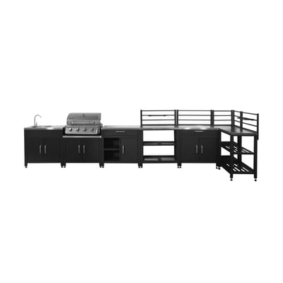 Cuisine d'extérieure 7 modules avec barbecue gaz 4 brûleurs sur pieds, thermomètre GRIMAUD BARBECUE GAZ + 7 MODULES SWEEEK