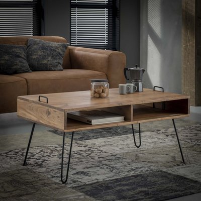 Table basse rectangulaire bois massif naturel 2 niches ouvertes 100x60cm MELBOURNE PIER IMPORT