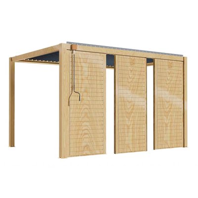 Pergola bioclimatique autoportée 3 x 4 m en aluminium décor bois avec 1, 2 ou 3 claustras, CORATO OVIALA