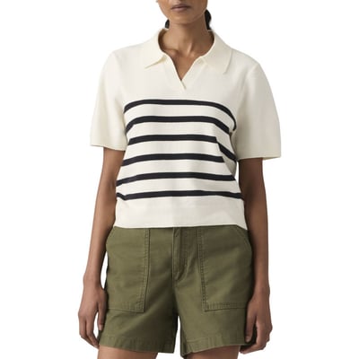 Pull blanc et noir à rayures pourvu d'un col polo et de manches courtes LEVI'S
