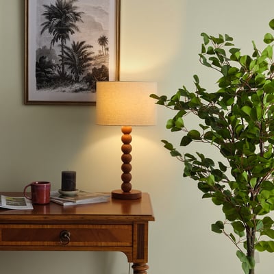 Wiley Walnut Bobbin Table Lamp with Linen Drum Shade SO'HOME