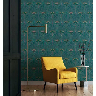 Papier peint art déco bleu paon HEXOA