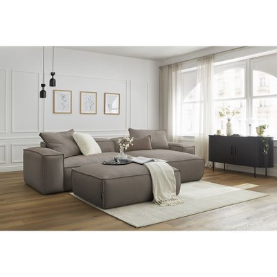 Canapé d'angle fixe 3 places en velours côtelé avec pouf, BOHEME BOBOCHIC