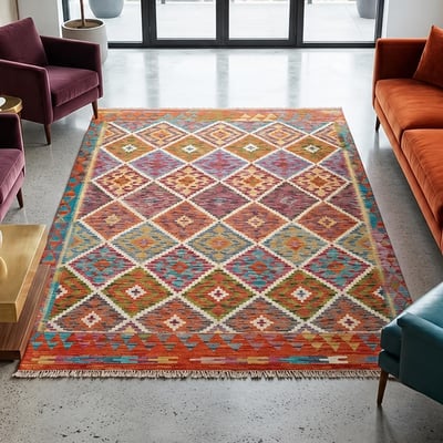 Tapis d'orient géométrique, tissé à plat, artisanal en laine UN AMOUR DE TAPIS