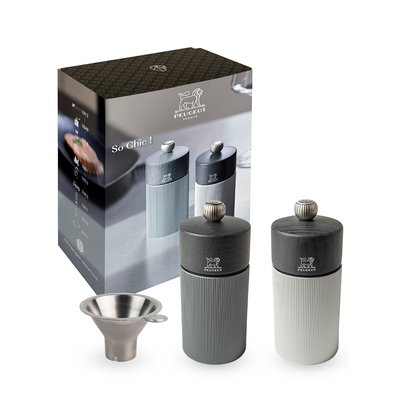 So Chic Duo de moulins manuels à poivre et à sel Line Carbone 12 cm et entonnoir en inox en coffret cadeau PEUGEOT