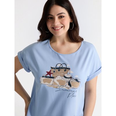 T-shirt avec impression estivale joyeuse devant, col bateau et manches courtes FIORELLA RUBINO