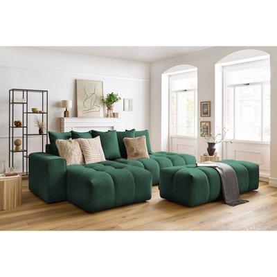 Canapé d'angle fixe 4 places en velours avec pouf, MONT-BLANC BOBOCHIC
