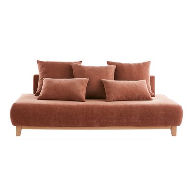 Canapé design 3 places en tissu effet velours texturé et bois clair L200 cm ODEON MILIBOO
