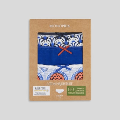 Lot de 3 shortys GARANCE en coton BIO, Oeko-Tex MONOPRIX