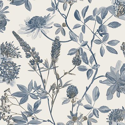 Papier peint floral botanique bleu indigo fond blanc HEXOA