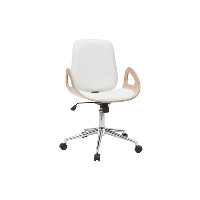 Chaise de bureau à roulettes design blanc, bois clair et acier chromé GLORY MILIBOO