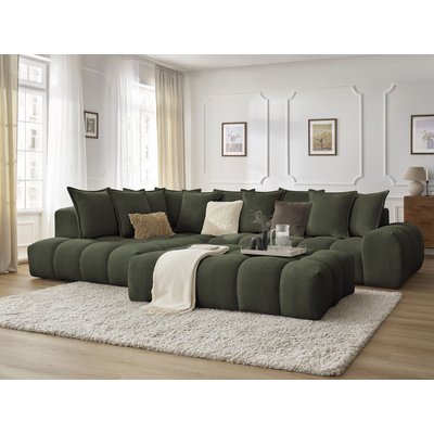 Canapé d'angle fixe 5 places en tissu chiné avec pouf, EVEREST BOBOCHIC